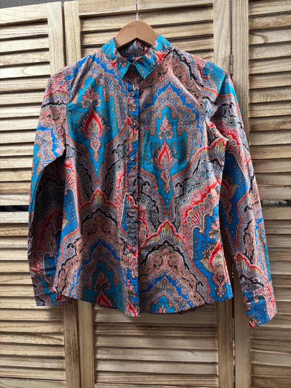 J. Crew Turquoise & Red Paisley Button Down Slim Shirt Size 4 100% Cotton